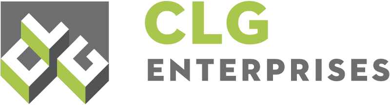 Logo for CLG Enterprises featuring two interlocking geometric shapes on the left and the company name in green and grey text on the right.