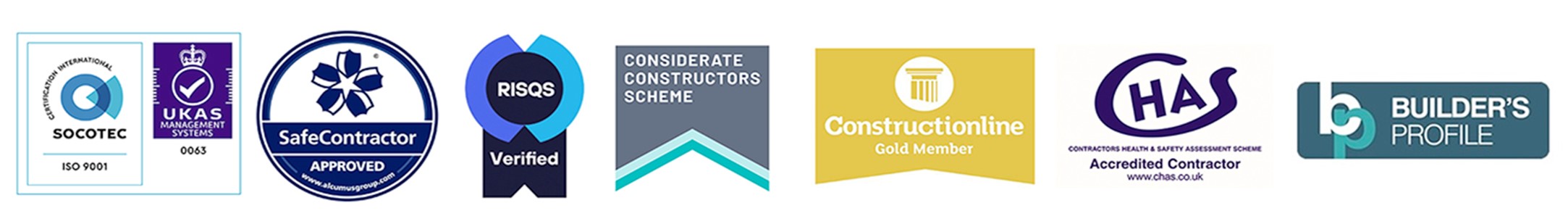 A row of six accreditation and certification badges for construction industry standards, including ISO 9001, SafeContractor, RISQS, Considerate Constructors, Constructionline, and CHAS.