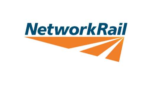 Network Rail logo with blue text and orange stylised rail tracks on a white background.